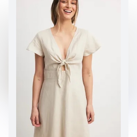 FASHION ON EARTH Ivory Boho gauze Tie front Swing Lagenlook midi pocket dress L - Picture 9 of 9